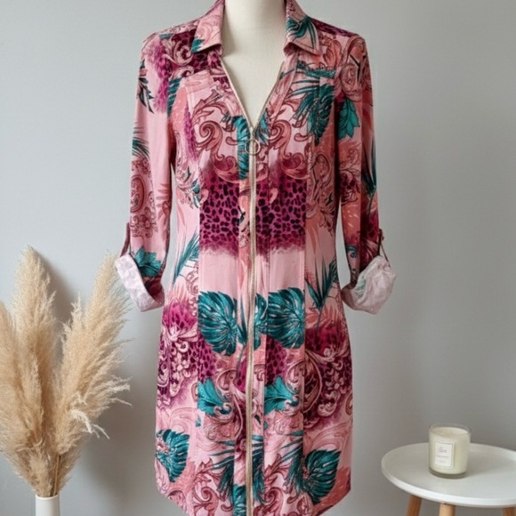 Guess Dresses & Skirts - Guess|Y2K Pink & Teal Miami Tropical Print Long Sleeve Gold Zip Mini Dress Sz XS